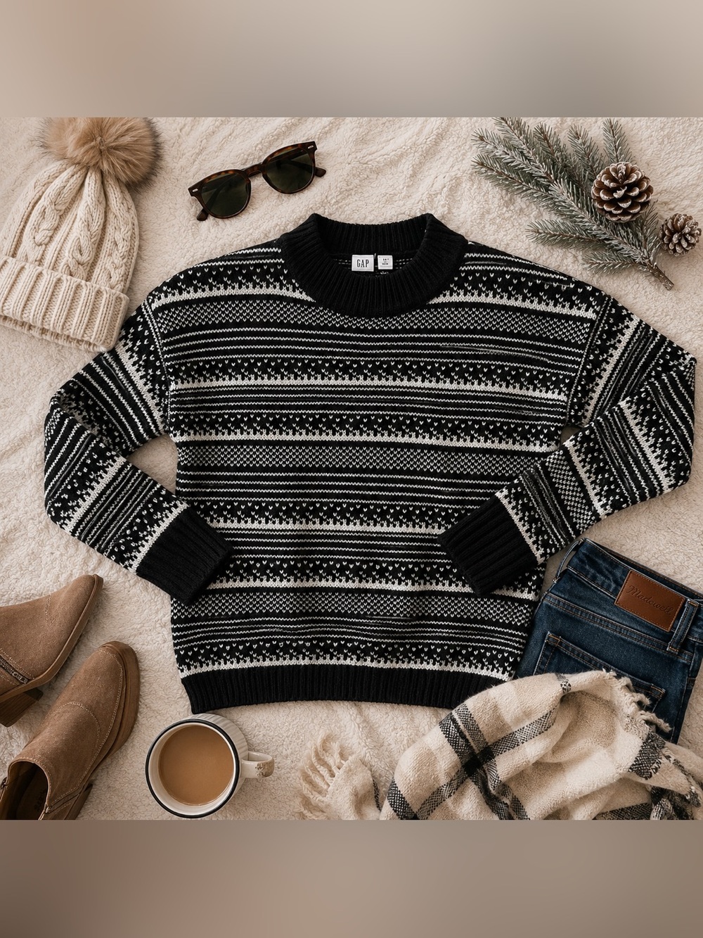 GAP Fair Isle Nordic Knit Sweater Black White Wool Blend Crewneck Men’s Medium